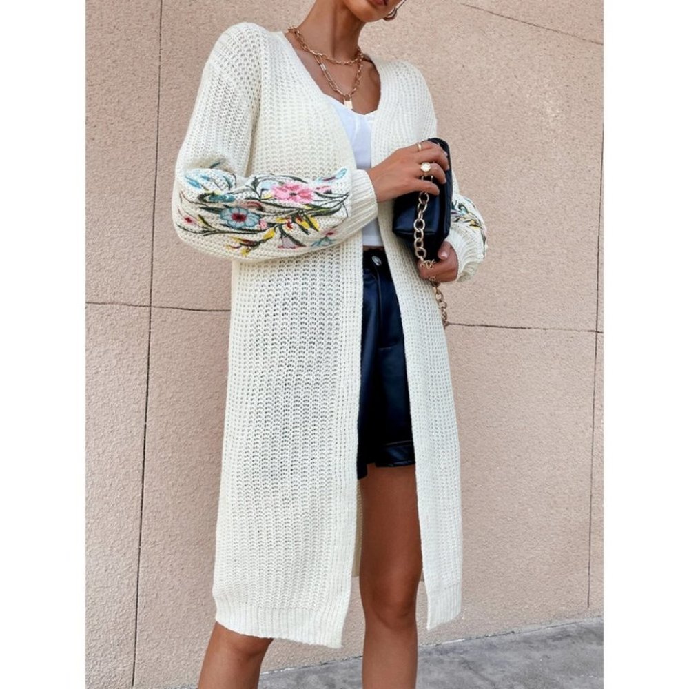 Floral Embroidered long sleeved open front knit Duster sweater Cardigan